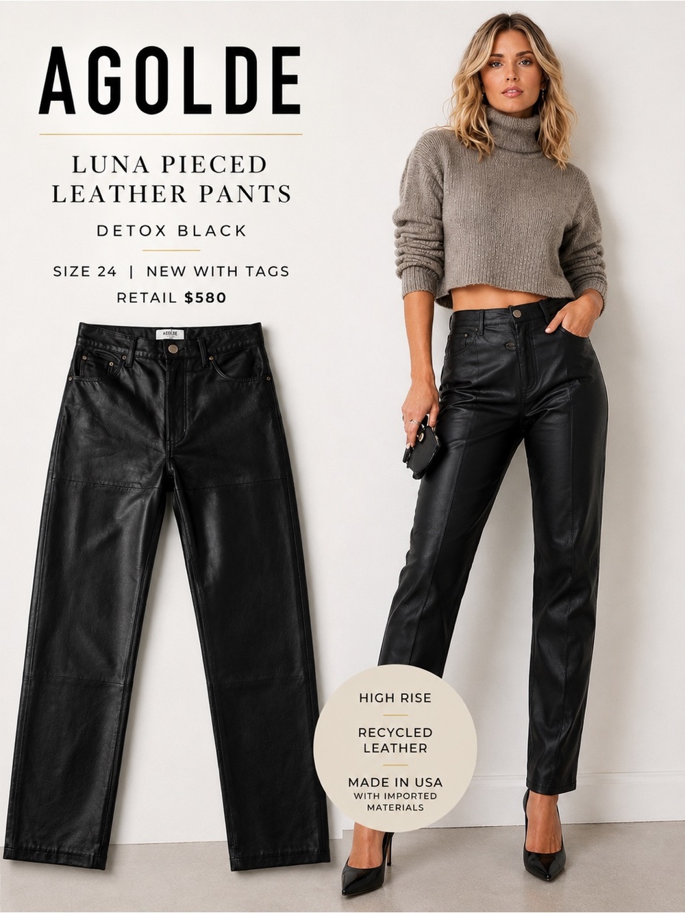 NWT AGOLDE Luna Pieced Leather Pants Detox Black High Rise Size 24